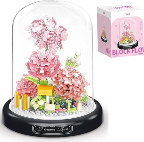 TRavesty Blumenstrauß Bausteine Bausatz, Künstliche Blumenstrauß Bausteine Set Mit Staubschutzhülle, Kreatives DIY Botanik Kollektion Modellbausatz für Zuhause Zimmer Dekoration (Rosa Nelke)