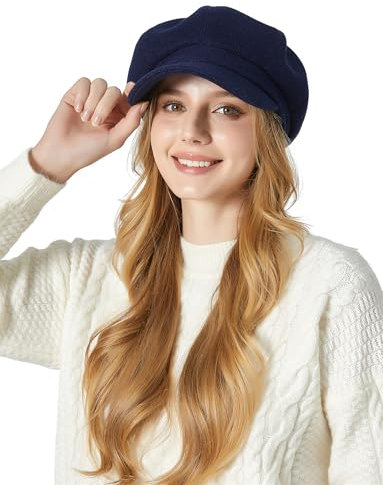 FEOYA Damen Klassisch Ballonmütze Newsboy Cap Schirmmütze Vintage Herbst Winter Barett Kappe Maler Mütz Blau