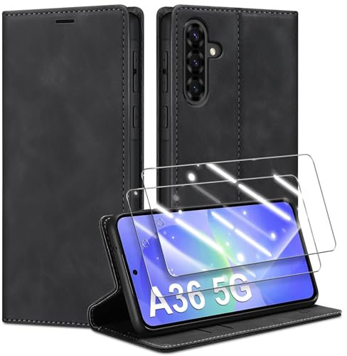 Guisessy Handyhülle für Samsung Galaxy A36 5G Hülle Leder und 2 Schutzfolie, Premium Klappbar Flip Wallet Case mit Magnet Kartenfach Standfunktion Schutzhülle für Samsung A36, Schwarz