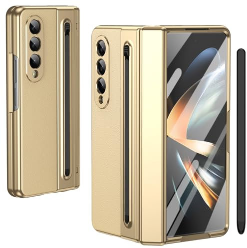 pour Galaxy Z Fold4 Étui avec Stylet et Emplacement pour Stylet, Protecteur d'écran trempé + Protection de charnière Housse en Cuir pour Samsung Galaxy Z Fold4-Or