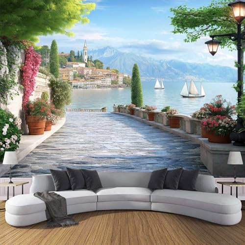 MIATCENRT Panoramique Murale 250X175Cm (L×H), Italie Ville Papier Peint Tissu En Soie Décoration Murale Poster, Été Paysage Tableaux Muraux Salon Chambre Papier Peint 3D Fond Effet