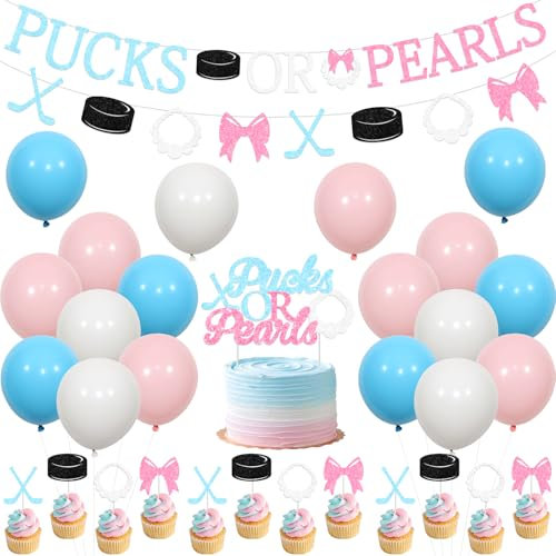 Sursurprise Hockey Gender Reveal Dekorationen, Pucks oder Perlen Banner Cake Topper Cupcake Picks Ballons Rosa Blau für Junge Mädchen Baby Shower Ice Hockey Sport Themed Party Supplies