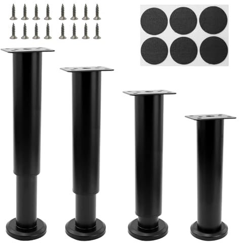 JRSHIRLEYLTD Lot de 4 pieds de meubles réglables en hauteur - En métal - Noir - Réglable de 12 à 18 cm - Pieds de support réglables pour meubles, armoire, lit - Avec 6 pieds de table en caoutchouc