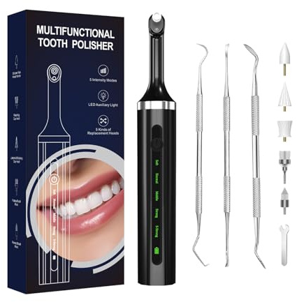 Electric Teeth Whitening Tools Plaque Tartar Polishing Cleaning Kit with LED Light 5 Speed Modes with 5 Replacement Brush Heads (Black)
