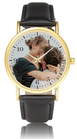 JSDDE Personalisiert Armbanduhr mit Fotogravur Lederarmband Analog Quarzuhr Damenuhr Herrenuhr Personalisiertes Geschenk für Damen Herren