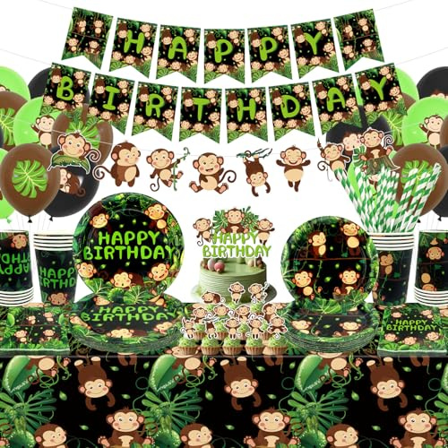 Decorazioni di compleanno a forma di scimmia, decorazioni per feste a forma di scimmia, piatti, bicchieri, tovaglioli, tovaglia, striscione di buon compleanno, topper per torte con palloncini per