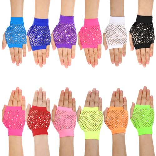 Yolev 12 Paar Netzhandschuhe Neon Strass Regenbogen Handschuhe, Kurz Fischnetz Netzhandschuhe Damen, 80er 90er Jahre Party Halloween Fingerlose Handschuhe für Karnevals Halloween Cosplay (Neon)