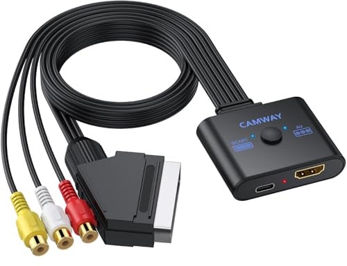 CAMWAY Adattatore da AV SCART a HDMI,Commutazione 16: 9/4: 3,Convertitore Audio Video Composito 1080P con Cavo HDMI da 50 cm,Supporta PAL/NTSC per Wii/PS1/PS2/N64/VHS/DVD/VCR
