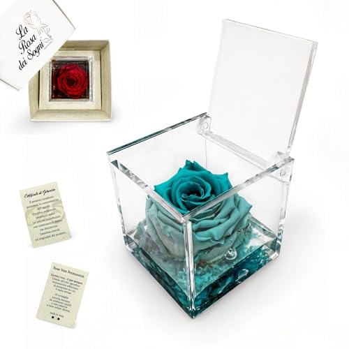 La Rosa dei Sogni Rosa Stabilizzata Profumata con Petali in gel in Cubo Trasparente - Confezione Regalo Elegante - Durata 5-7 anni - Made in Italy - 5x5 cm (Verde)