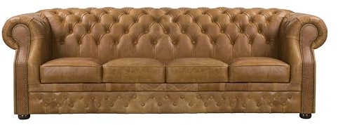 ROYALSOFA Sofa Chesterfield Manchester 4-Sitzer, Ledersofa mit Knopfheftung, Holzrahmen & Gepolsterten Armlehnen, Pflegeleichte Couch, Loungesofa für Wohnzimmer, Büro, Kanzlei & Hotel, Carmel