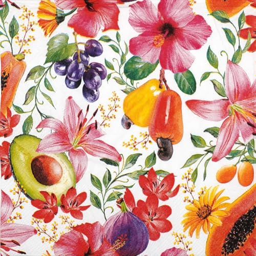 Servietten Papier 33x33cm 3-lagig 20 Stück - hochwertig & nachhaltig - Einweg Papierservietten tropische Früchte & Blüten im Aquarellstil Bunt - Party Lunchservietten - florale Tischdeko