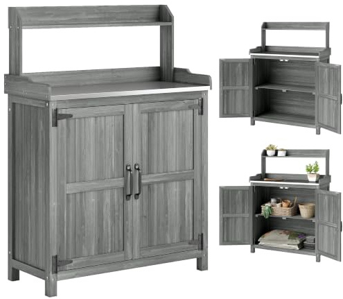 Outsunny Wooden Potting Bench Table Aluminium Worktop 91 x 40 x 124 cm Grey | Outdoor Garden Workbench, Top Shelf, Cabinet Storage, Planting Work Station, for Patio, Balcony