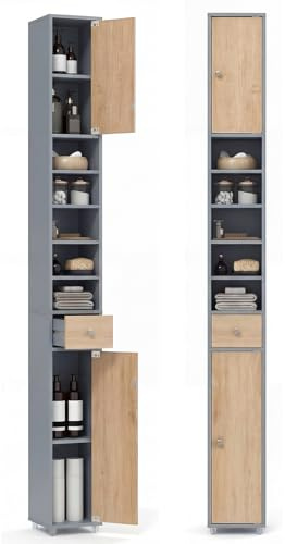 Multigot Tall Bathroom Cabinet (Natural+Grey) | Wooden Slim bathroom storage with 1 Drawer, 2 Cabinets & 5 Adjustable Shelves, Narrow Storage Unit for Bedroom Living Room