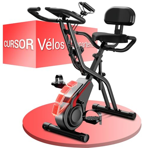 CURSOR velo d appartement pliable, 5-en-1 velo appartement pliable, équipé d'une résistance silencieuse à 16 niveaux. vélos d'appartement avec surveillance de la fréquence cardiaque et écran LED