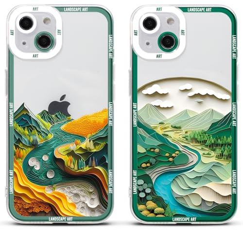 Omyzo 2 Stück Handyhülle für iPhone 12 Hülle 6,1, Anime Ästhetik Berg Fluss Art Manga Muster Design mit TPU Weich Ultra Dünn Stoßfest Silikon Schutzhülle Case,Berg