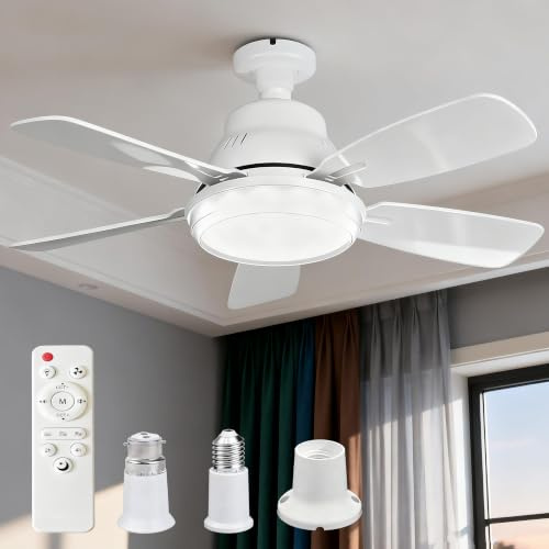 62cm Socket Ceiling Fan Light, E27/B22 Ceiling Fans with Lights and Remote, Extender & Mounting Base, 43W Light Bulb Fan 3 Speed 3 Colour Dimmable, Quiet LED Fan Light For Bedroom, Kitchen,Bathroom