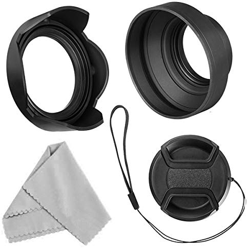 52mm Gegenlichtblende Set, Zusammenklappbare Gummi Streulichtblende mit Filter Faden + Nmkehrbare Tulpe Blumen Gegenlichtblenden + mittlere Pinch Objektiv Kappe + Microfaser Objektiv Reinigungstuch