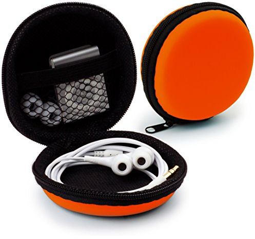 MyGadget Portable Carrying Hard Case for Earphones - Small protective Storage Box with Mesh Pocket - Bag for Headphones, Earbuds, USB Sticks - Orange
