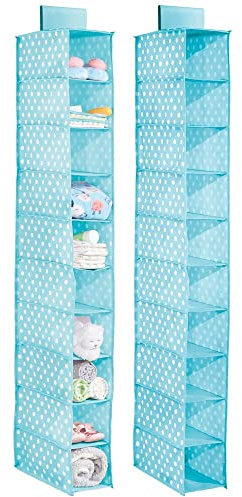 mDesign 2er-Set hängender Stoffschrank – mit zehn Fächern – der ideale Hängeschrank aus Stoff mit Pünktchen-Muster – perfekt als Hängeregal für das Kinderzimmer – türkisblau/weiß