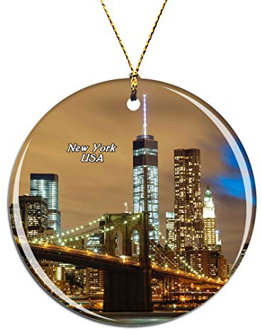 Weekino USA America Brooklyn Bridge New York Christmas Xmas Tree Ornament Decoration Hanging Pendant Decor City Travel Souvenir Collection Double Sided Porcelain 2.85 Inch