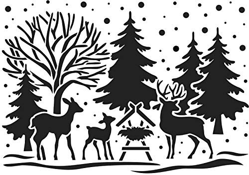 Ideen mit Herz Laser-Kunststoff-Schablone | Fenster-Schablonen | DIN A4 | Weihnachten & Winter | ideal für Wandgestaltung, Textilien, Papier, Fensterbilder selber gestalten (Waldszene)