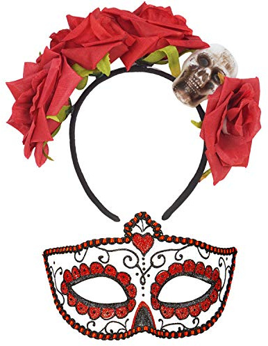 Goldschmidt Dia de los Muertos Set | La Catrina Blumen-Haarreif & Augen-Maske | Halloween Tag der Toten Accessoires (rot)