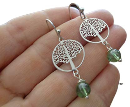 ✿ ARBRE DE VIE VERT - ARBRES TENDRES EN ACIER INOXYDABLE ET VERRE ✿ argent, boucles d'oreilles en filigrane, nature, arbre, naturel