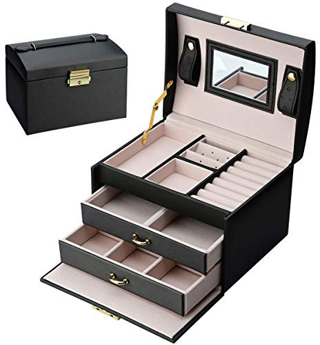 Podazz Leder Schmuckkästchen, Schmuckkästchen mit 3 Ebenen, abschließbarer Schmuck-Organizer mit Spiegel für Mädchen Frauen Ringe Armbänder Ohrringe Halsketten Lagerung (Schwarz)