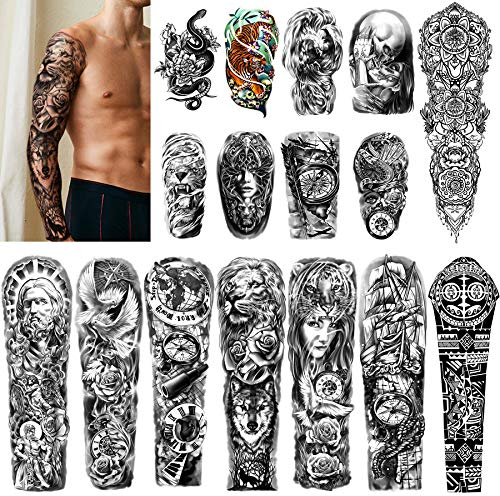 Temporäre Tätowierungen mit vollem Arm, 8 Blatt und gefälschte mit halbem Arm, extra große Tattoo-Aufkleber für Männer und Frauen (22,83 X7,1)
