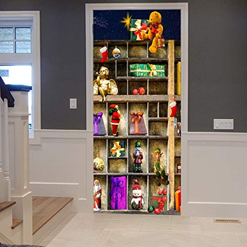 A.Monamour Sticker Porte Autocollant Poster de Porte 3D Étagère De Vitrine Pleine De Décor De Vacances De Noël Vinyle Affiche de Porte Sticker Mural Papier Peint Art Décor 83 x 204 cm