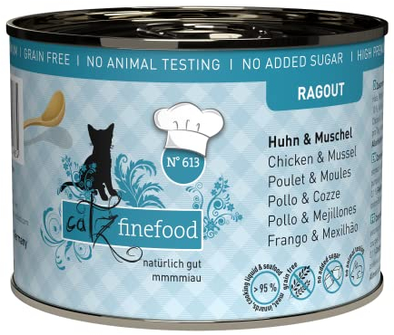 catz finefood Ragout N° 613 Huhn & Muschel Katzenfutter nass - Feinkost Nassfutter für Katzen in Sauce ohne Getreide und Zucker mit hohem Fleischanteil, 6 x 190 g Dose
