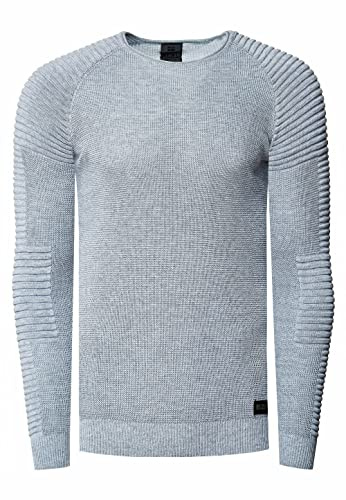 R-Neal Herren Fein-Strick Slim-Fit Biker Strick-Pullover im Individuellem Future Design Langarm-Pullover Rundhals Gerippt 349, Farbe:Grau, Größe:M