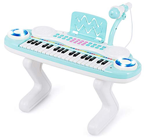 COSTWAY 37 Tasten Klaviertastatur mit Licht, Kinder Keyboard mit Ständer, Klavier Spielzeug elektronisch, Musikinstrument mit Aufnahme- und Abspiel-Funktion, inkl. Mikrofon (Blau)