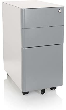 hjh OFFICE 743019 Rollcontainer schmal Color I Stahl Weiß/Grau Schubladenschrank mit Rollen, A4 Hängeregister, abschließbar