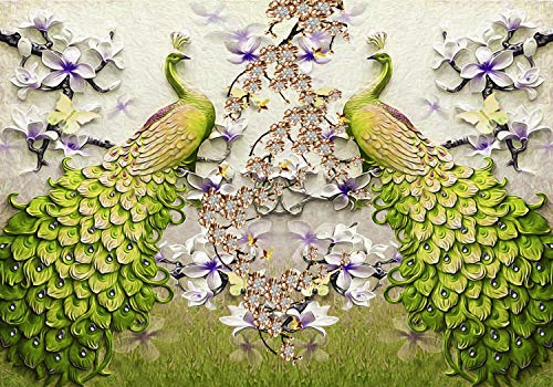wandmotiv24 Fototapete grüne Pfaue Kunst Blumen, M 250 x 175 cm - 5 Teile, Wanddeko, Wandbild, Wandtapete, Federn Acryl Pfauenfeder Vogel M6585