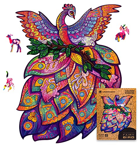 UNIDRAGON Original Holzpuzzle — Feenhafter Vogel, 107 Teile, Klein 7.1 x 9.1 Zoll (18 x 23 cm) Schöne Geschenkverpackung, Einzigartige Form Erwachsene und
