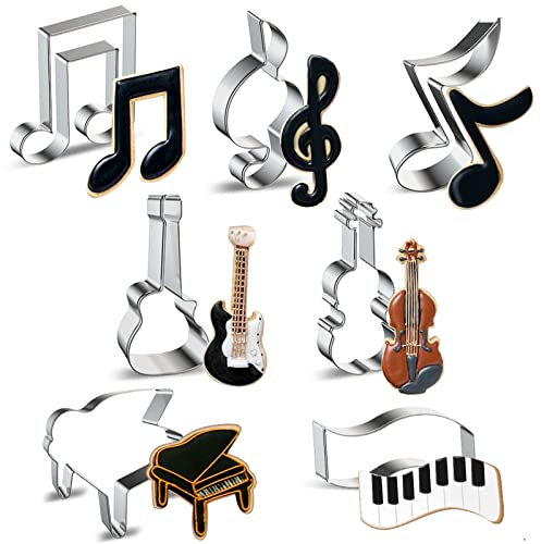 Lot d'emporte-pièces en forme de notes de musique en acier inoxydable avec 7 clés de sol, huit notes, guitare électrique, violon, piano et clavier