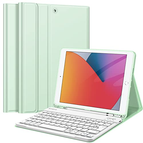 FINTIE Tastatur Hülle für iPad 10.2 Zoll (9/8/ 7 Generation - 2021/2020/2019), Schutzhülle mit TPU Rückschale, Pencil Halter und magnetisch Abnehmbarer Tastatur mit QWERTZ Layout, Grün