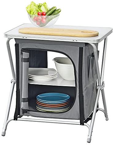 Cuisine de Camping d'Extérieur Armoire de Camping Pliable avec Plan de Travail et Étagères Protection Anti-Vent Moustiquaire Sac de Transport Jardin Aluminium Polyester MDF 64 x 60 x 45 cm Gris Foncé