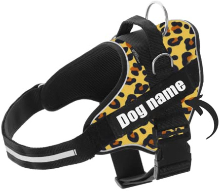 SUPER DOGGY Personalisiertes Hundegeschirr – Anti-Zug Brustgeschirr reflektierend – Für kleine, mittlere & große Hunde – Mit 2 Namensschildern (Leopard, XL 30-45KG)