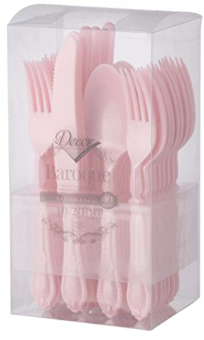Decor Decorline - Ensemble de couverts réutilisables en plastique robuste - 40 pièces - Chacun avec 20 fourchettes, 10 couteaux et 10 cuillères - Baroque Collection - Rose