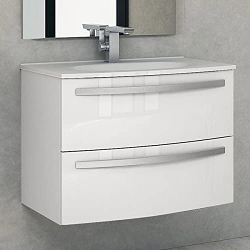 Yellow shop - Mobile bagno sospeso curvo 75 cm 2 cassetti con lavabo e specchiera led STELLA Bianco lucido (Mobile con lavabo)