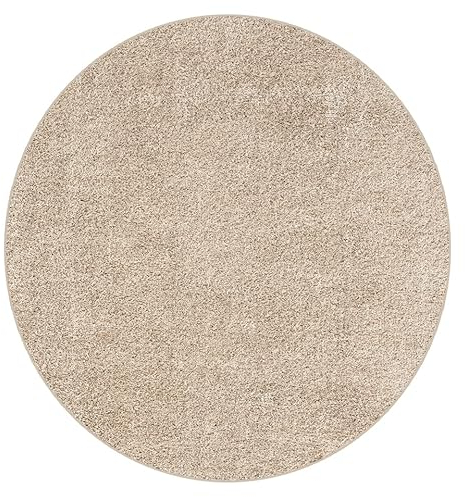 Mia´s Teppiche Shine Moderner Hochflorteppich, Wohnzimmerteppich, Langflor, Anti-Slip, Waschbar, Einfarbig, Uni, Beige 120 cm Rund