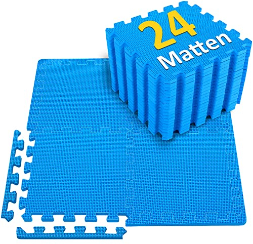 Bodenschutzmatte Fitness Set- 24 Puzzlematte - Eva Sportmatte Fitnessmatte rutschfest, Bodenmatte für Fitnessraum&Fitnessgerät, Fallschutzmatten Outdoor&Pool Unterlegmatte, Blau