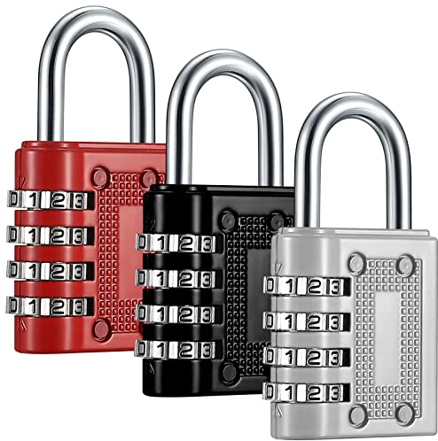 3 Pcs 4 Digit Combination Padlocks Lock, Heavy Duty Metal Padlocks with Code Waterproof for Outdoor Gate Shed School Gym Locker Combination Padlock, Black/Silver/Red