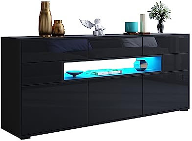 BESTWANTED Sideboard LED Sideboard Aufbewahrungsschrank schwarz glänzend Sideboard für Wohnzimmer schwarz glänzend TV Einheit 2 Türen und 3 Schubladen Home Möbel, (BW-SD06)