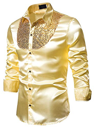 Caxndycing Herren Glänzend Slim Fit Satin Langarmhemd Frezeit Business Hemd für Party Nachtclub Disco Hemd 70er 80er Jahre Kostüm Motto Party Hippie Silvester Karneval Kostüm