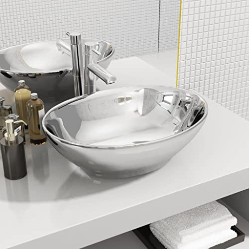 Homgoday Waschbecken mit Abflussloch Waschschale Waschtisch Aufsatzwaschbecken Waschplatz Handwaschbecken Aufsatzbecken für Badezimmer Oval Silber 40 x 33 cm Keramik