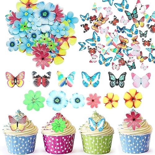 100 Stk Essbare Träger Angelschmetterling & Blumen - Tortendeko Hochzeit - Essbare Schmetterlinge & Blüten