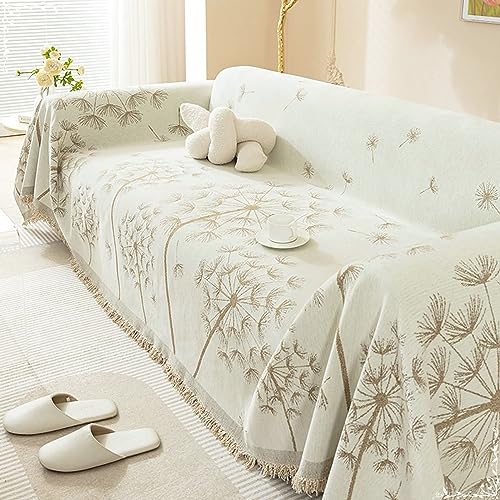 Homxi Sofahusse Zweisitzer,180x200CM,Sofabezug Sitzer Löwenzahn Bedruckt mit Quasten Sofaüberwurf Chenille Handtuch Sofa Khaki Sofa Überzug Decke